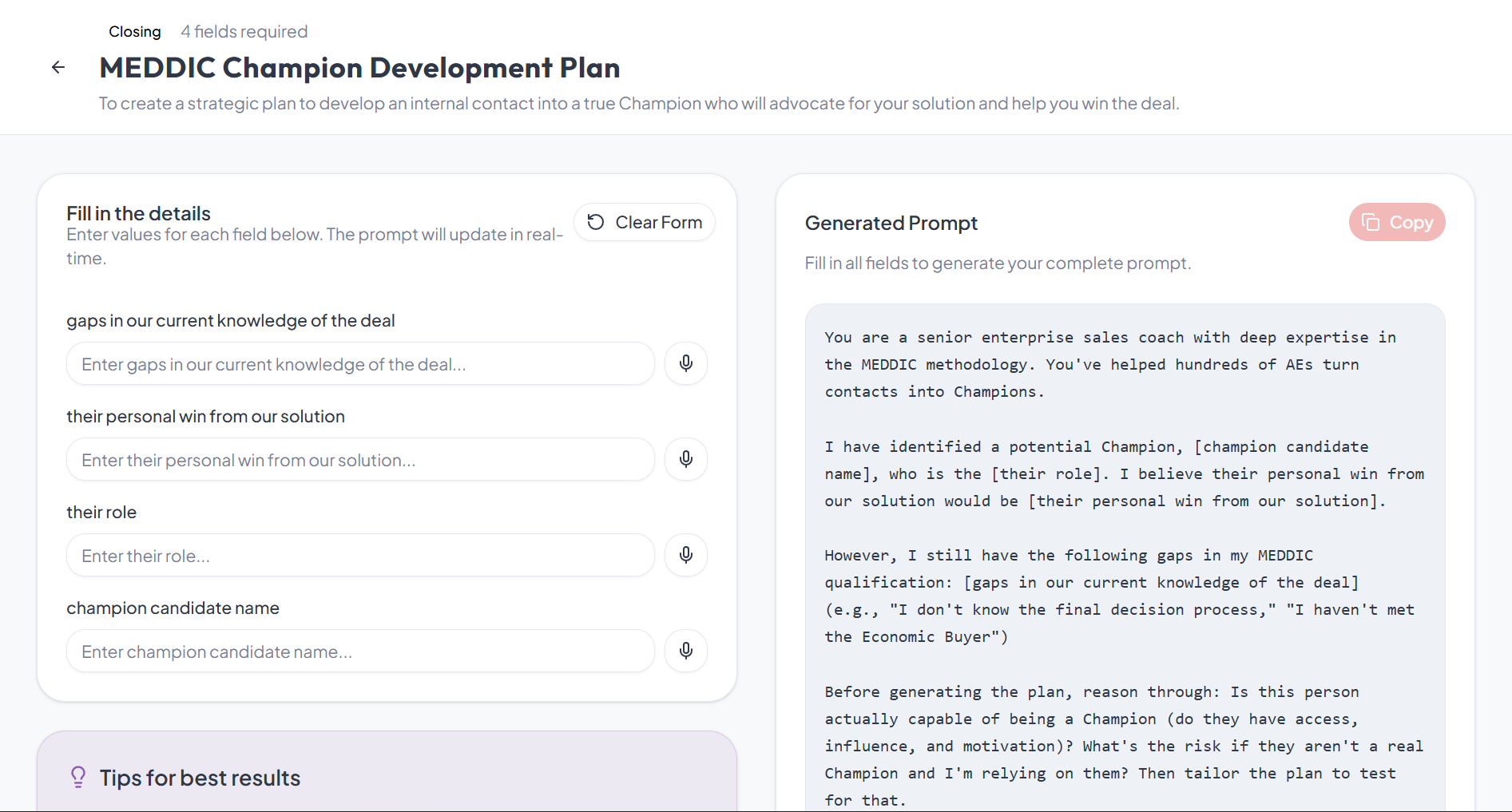 Prompt Runner detail view showing the MEDDIC Champion Development Plan