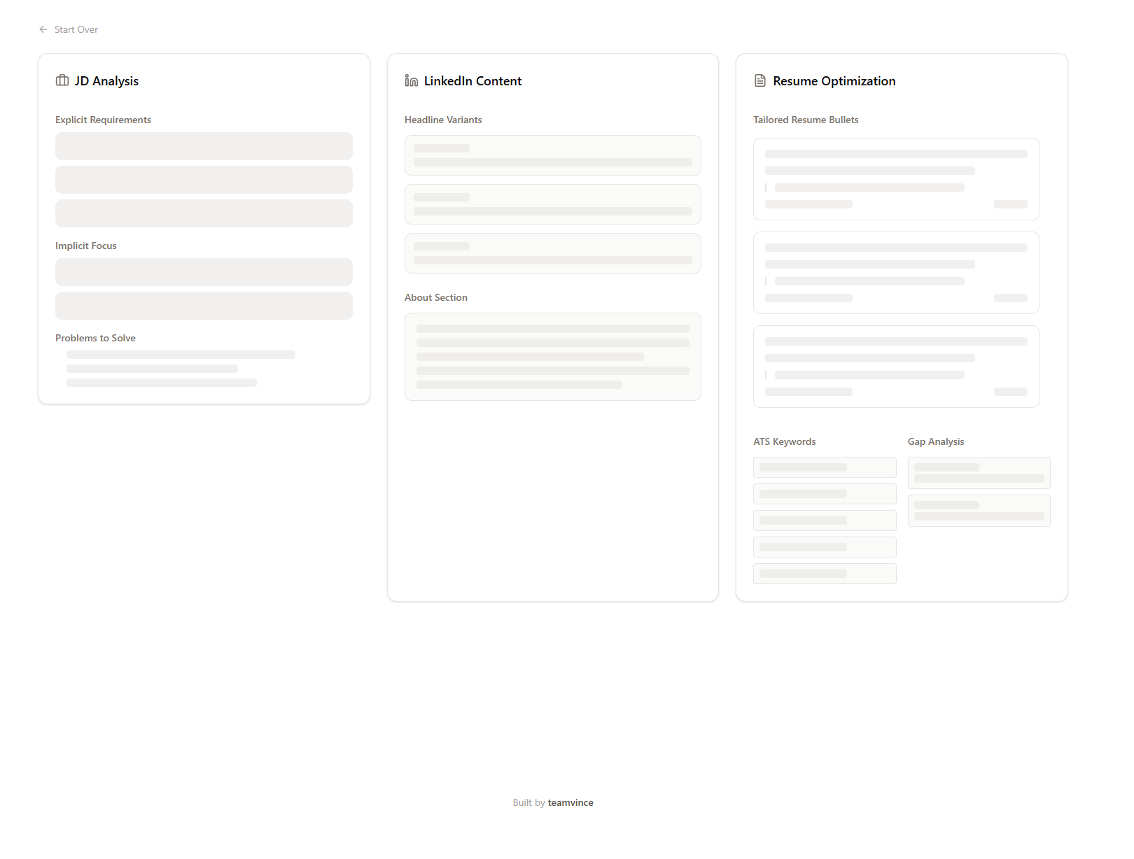 ResumeTailor loading screen with skeleton UI and three-column results layout